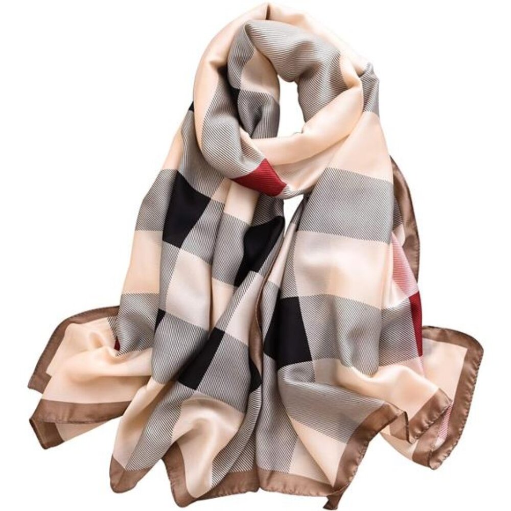 Womens 100% Large Mulberry Silk Scarf Long Satin Scarf Fashion Khaki Grid